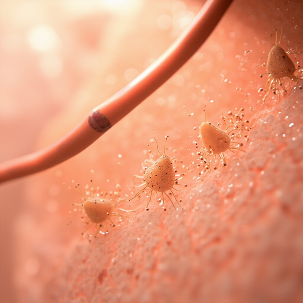 Educational medical illustration showing Giardia lamblia trophozoites attaching to the human small intestine wall, causing inflammation, bloating, diarrhea, and fatigue, in realistic yet soft pastel tones with labels for symptoms.