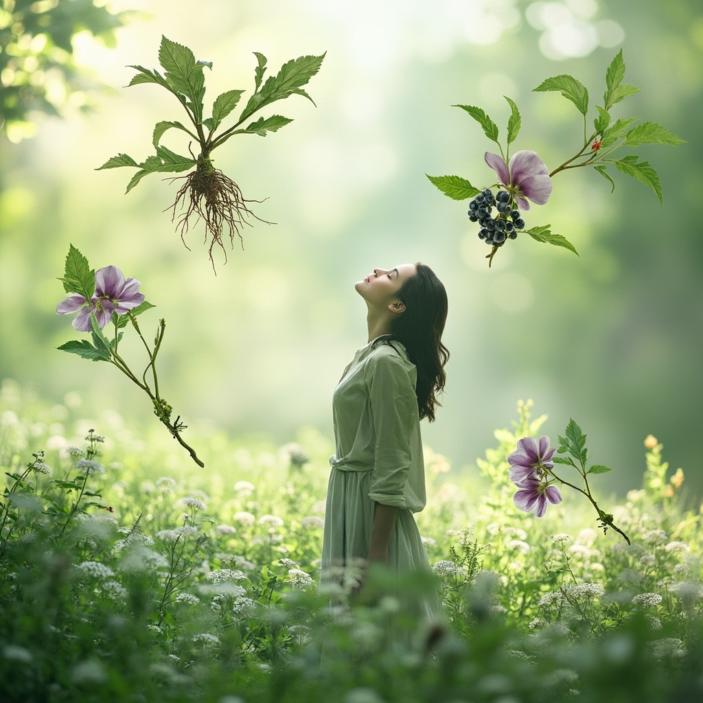 Serene spring scene with a person breathing deeply amid blooming flowers, surrounded by illustrations of astragalus root, nettle leaves, elderberry clusters, and magnolia flowers in soft green and purple tones, evoking allergy relief and vitality.