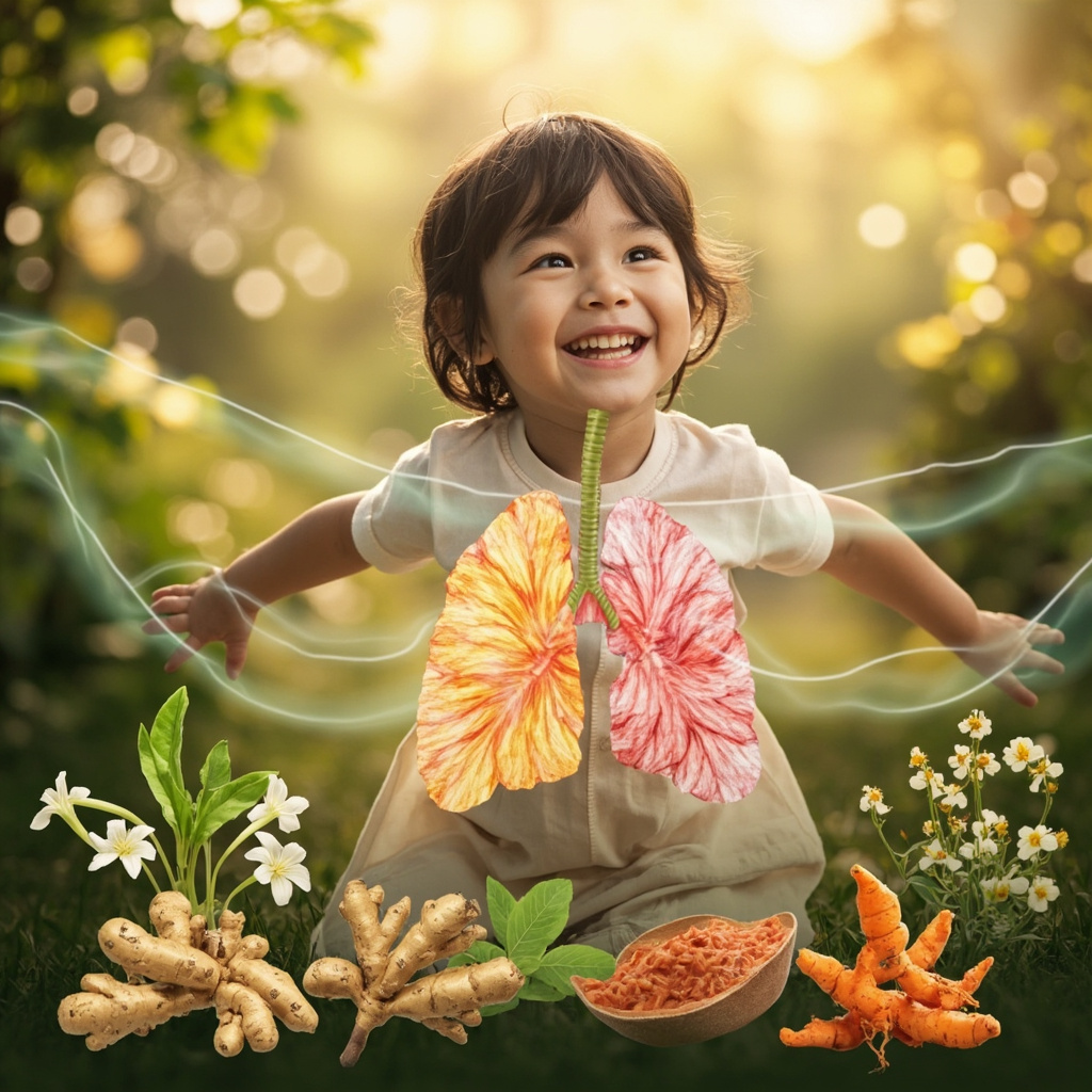 Serene image of a happy child playing outdoors with lungs visualized as blooming flowers, surrounded by illustrations of ginger root, licorice, turmeric plants, and soft breathing waves in a natural garden setting.