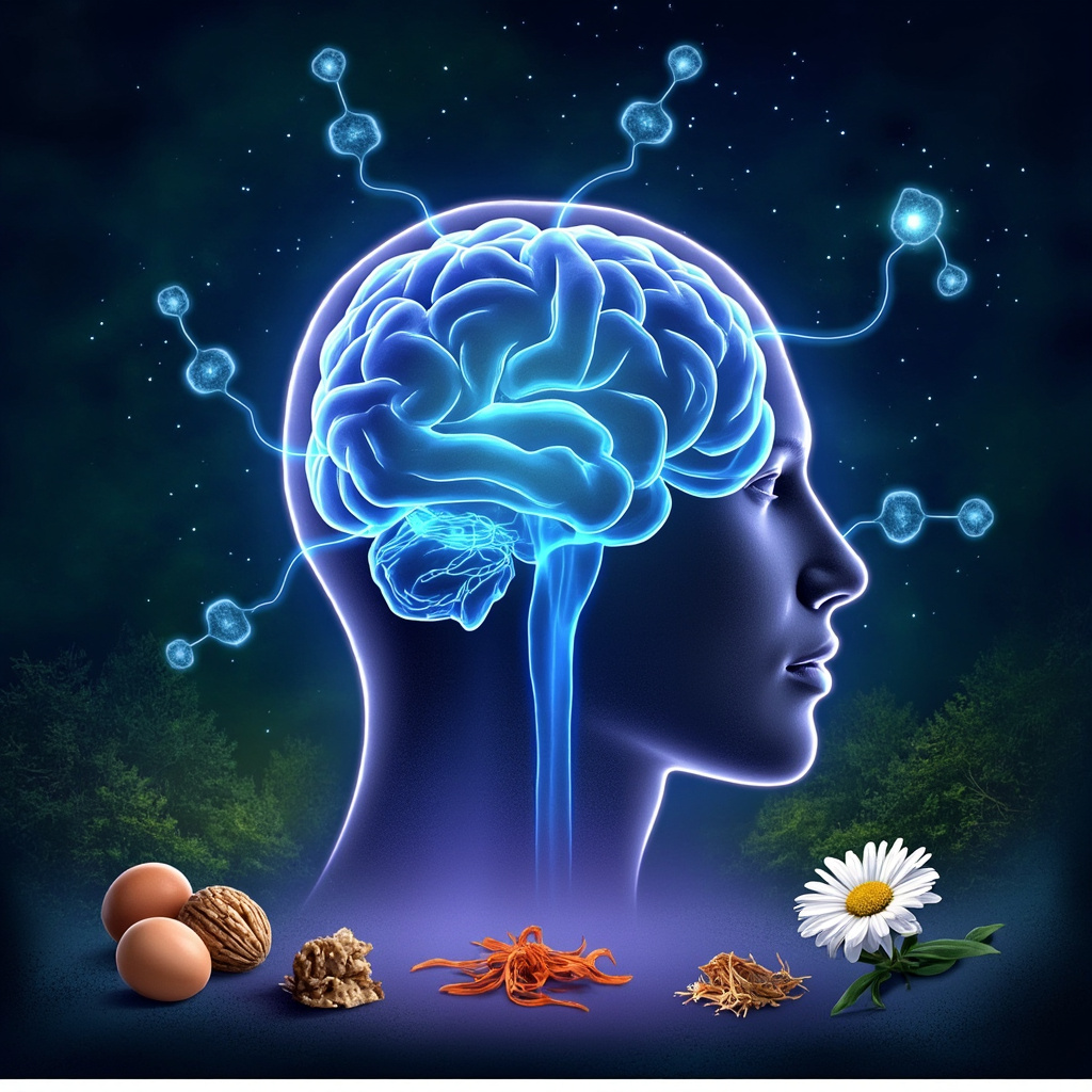 Serene human brain glowing with blue serotonin pathways connecting to tryptophan molecules from walnuts, eggs, and herbs like chamomile and saffron; soft night sky background with melatonin stars, calming green and purple tones, illustrative style for health article.
