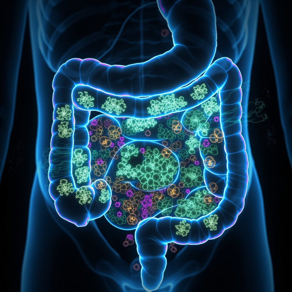 Prompt: Illustrative image of a glowing slime mold organism disrupting colorful gut bacteria in human intestines, with toxin waves, in a soft educational style, blues and greens, anatomical cross-section.
