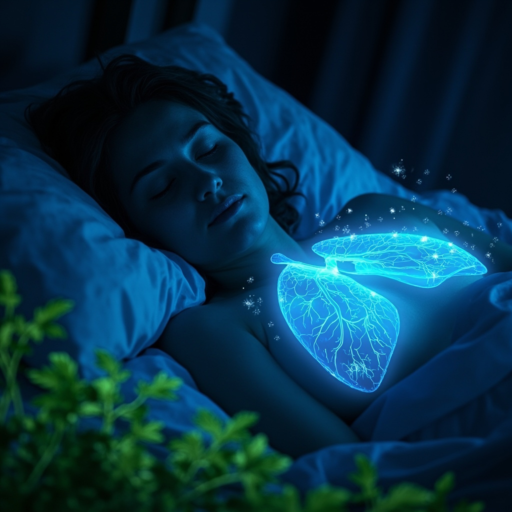 Serene bedroom scene at night: glowing soft blue frequency waves enveloping healthy lungs, faint dust mites dissolving, a person sleeping peacefully with calm expression, natural herbal elements like nettle leaves in foreground, high resolution illustrative art.