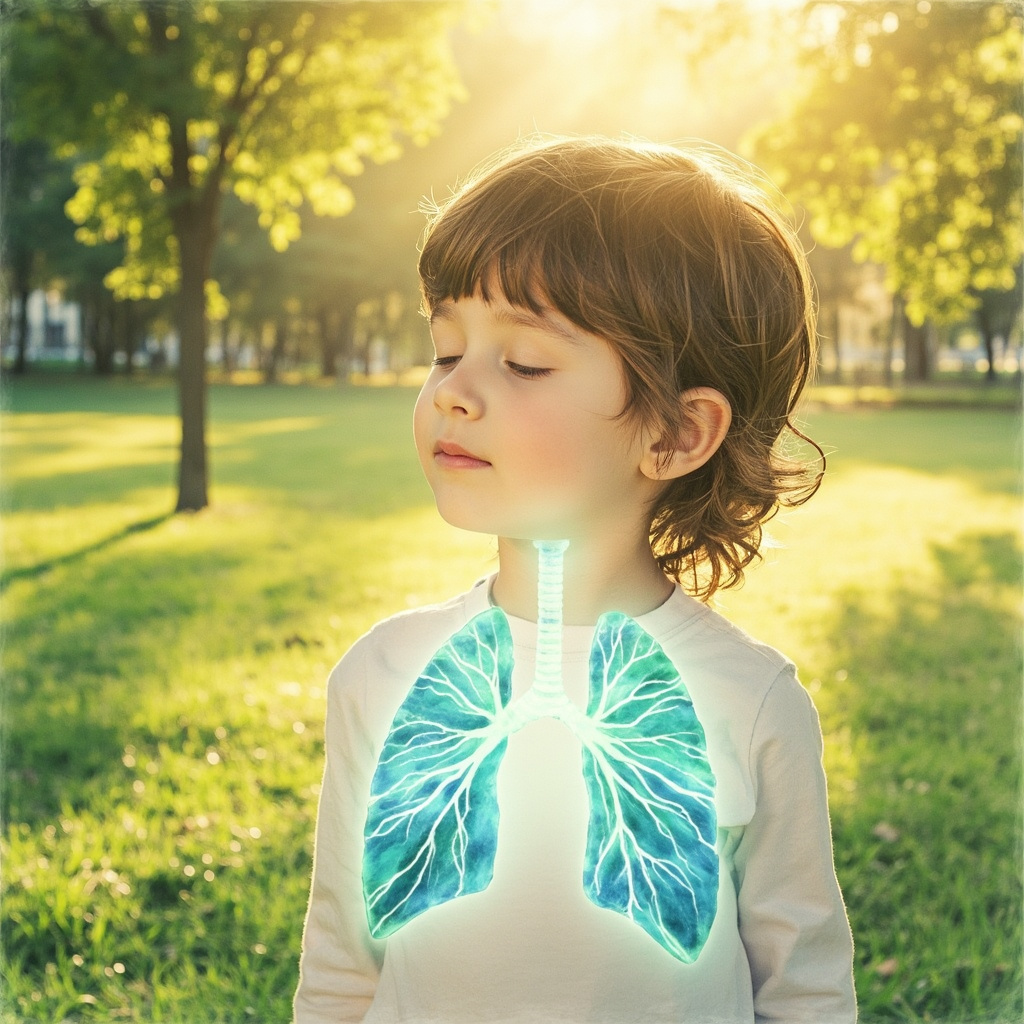 Serene child aged 6 breathing deeply in a sunny park, lungs glowing softly with harmonious energy waves in blue and green, illustrative watercolor style, no text.