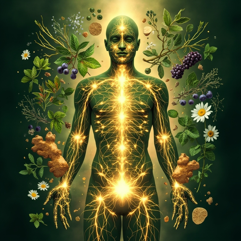Illustrative image of glowing human energy meridians highlighting lower back, lower abdomen, chest, forehead, and wrist points, surrounded by fresh astragalus roots, ginger slices, elderberries, peppermint sprigs, and chamomile flowers, in harmonious green and gold tones symbolizing immune strength and seasonal balance