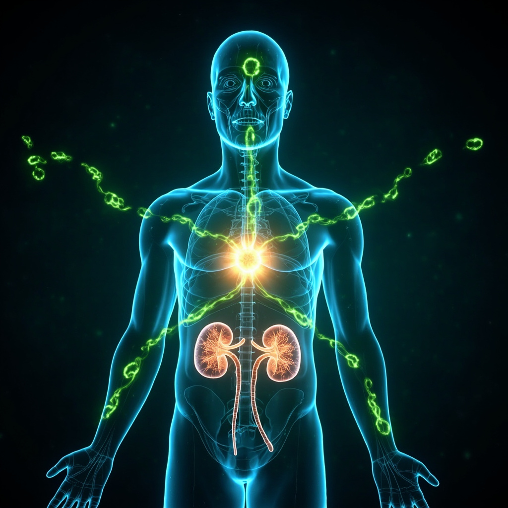 A glowing germanium atom symbol integrated into a human body silhouette, with energy waves flowing from liver and kidneys to immune cells, vibrant blues and greens, illustrative medical style, no text