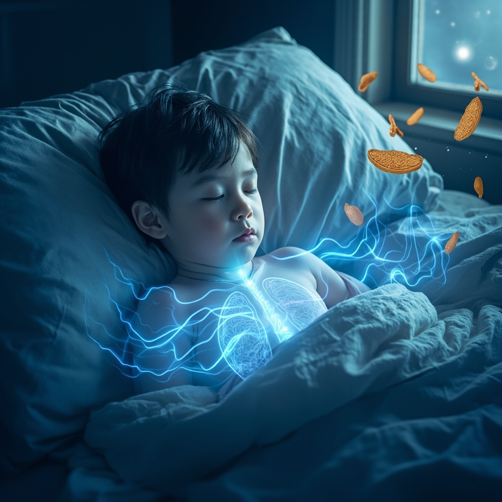 Serene young child (5-8 years) sleeping peacefully at night in a cozy bed, soft glowing blue energy waves gently flowing around chest and lungs, subtle herbal elements like ginger root and licorice floating ethereally, calming moonlight through window, high detail, illustrative style.