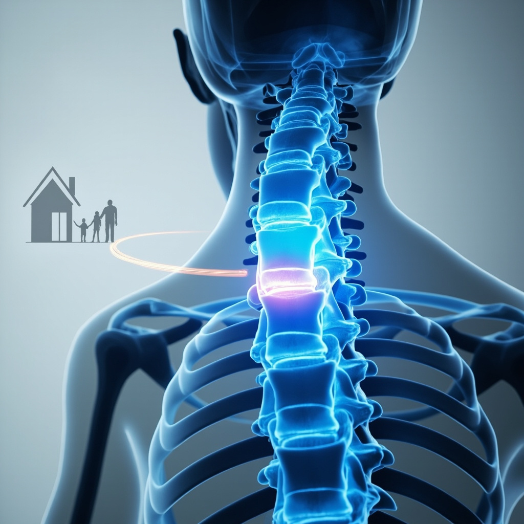 Illustrative image of the human spine with T6 vertebra highlighted in glowing blue, showing mid-back pain waves and subtle icons of a home and family silhouettes fading into calm, professional medical style.