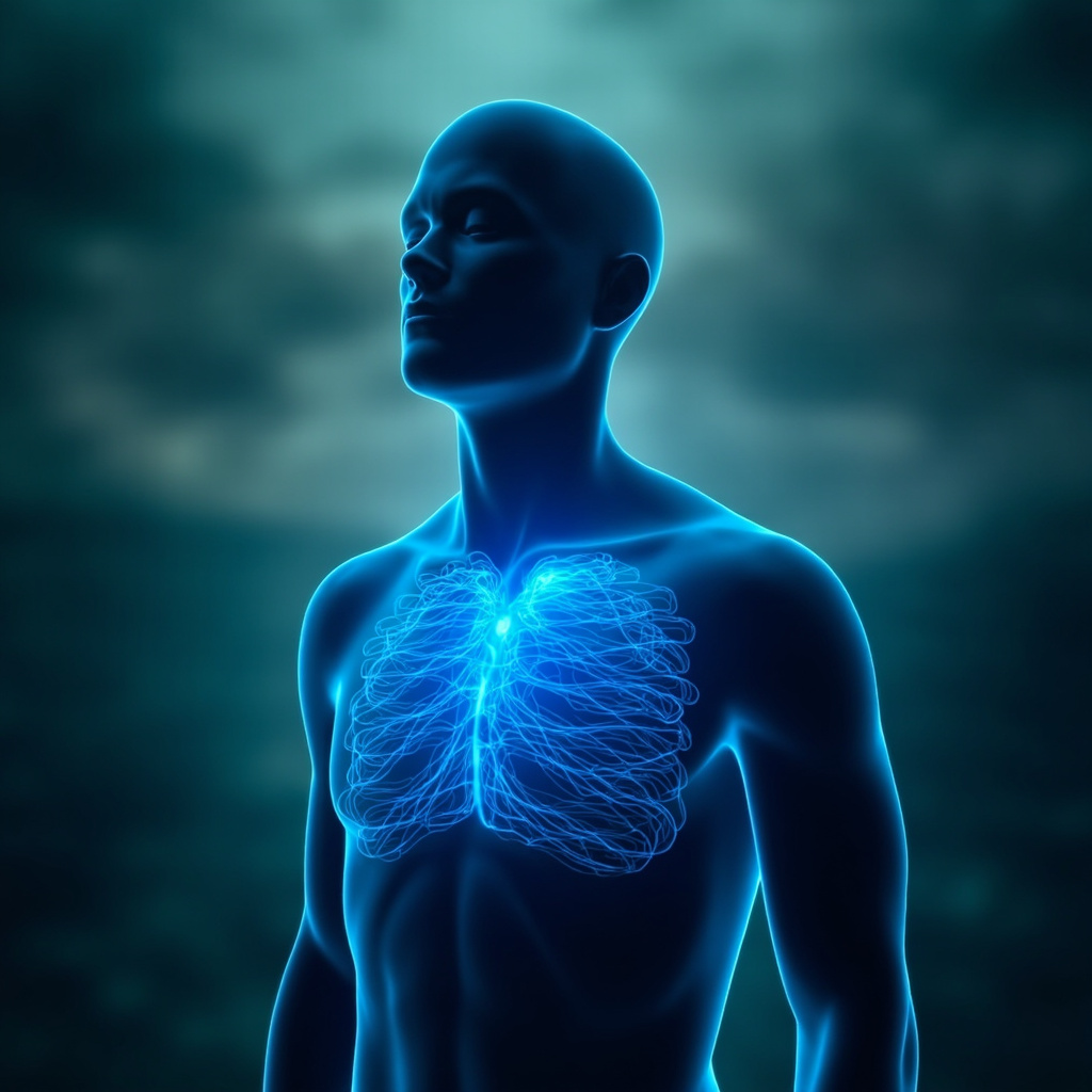 Illustrative image of a human silhouette with glowing blue energy waves pulsing from the heart, symbolizing balanced global electrical activity in the autonomic nervous system, serene background with soft gradients of blue and green, professional medical illustration style.