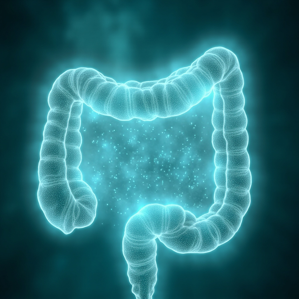 Illustrative image of a healthy glowing intestine free from parasites, with subtle energy waves balancing the gut mucosa, soft blue and green tones, professional medical style.