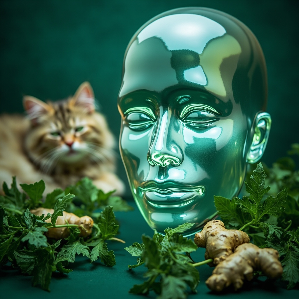 Illustrative image of clear nasal sinuses glowing softly, surrounded by fresh nettle leaves, ginger roots, and a friendly cat in the background, in calming green and blue tones, professional health style