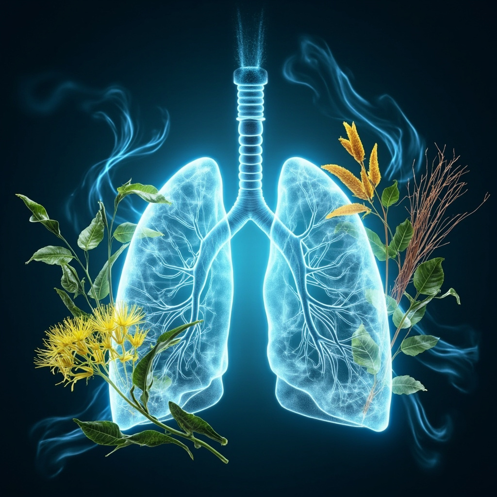 prompt: Illustrative image of healthy human lungs in soft blue, surrounded by green herbal leaves like astragalus root, mullein flowers, and licorice stems, with gentle breath waves and a sense of calm vitality