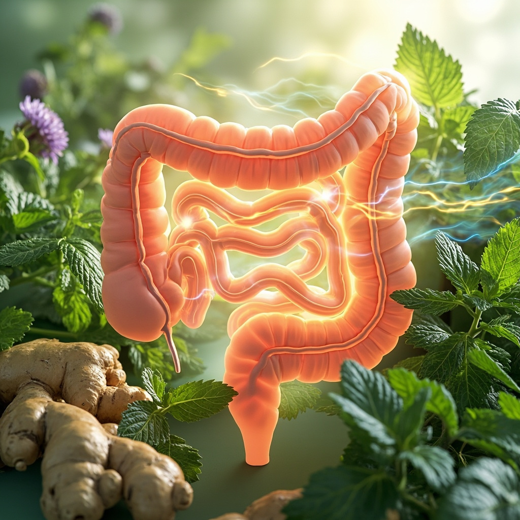 Illustrative image of a healthy human intestine with glowing energy waves, surrounded by fresh green herbal leaves like peppermint, ginger, and milk thistle, in soft natural light, scientific yet serene style.