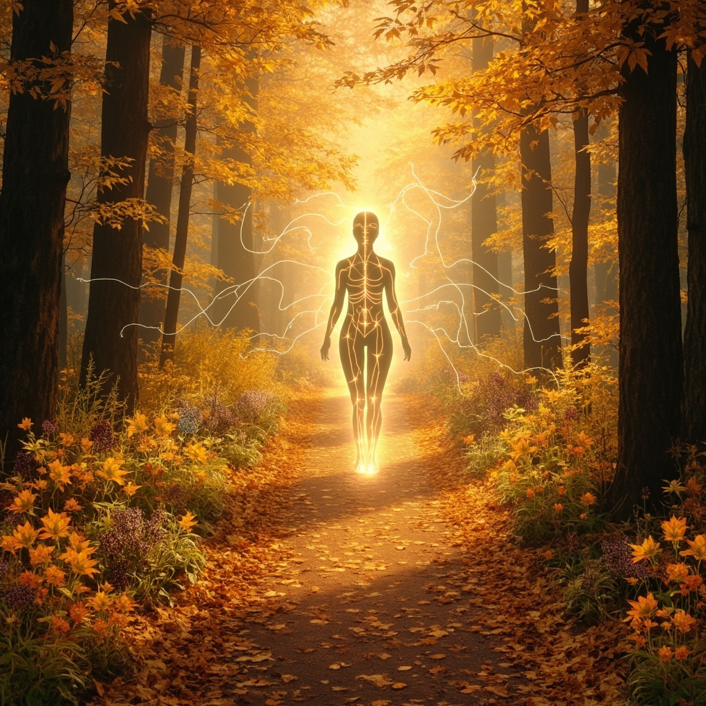 Serene autumn forest path with glowing herbs like elderberry, echinacea, astragalus, ginger, and mullein surrounding a subtle human silhouette showing energy meridians for immunity, soft warm tones, illustrative style.