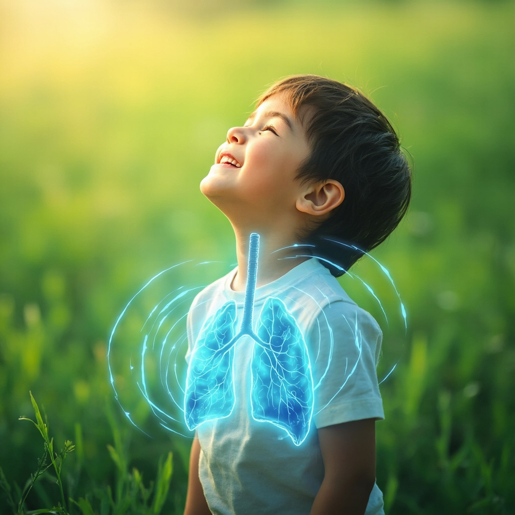 Illustrative image of a happy child breathing freely in a green field, with soft glowing blue energy waves around the chest and lungs symbolizing balanced energy and asthma relief, serene and hopeful style.