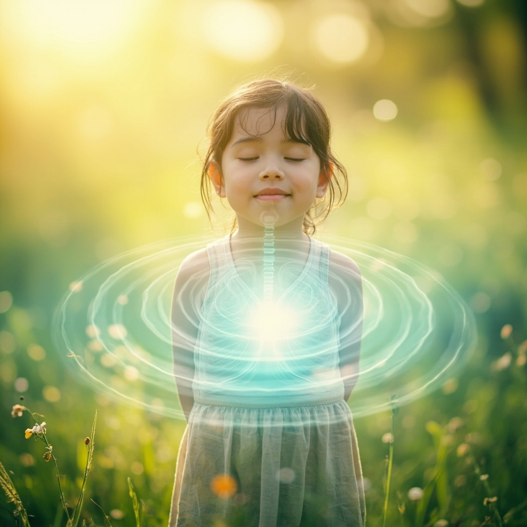 A peaceful child aged 6 breathing deeply in a sunny meadow, with subtle glowing light waves around the chest and lungs symbolizing harmonious energy frequencies, soft blues and greens, illustrative and calming.