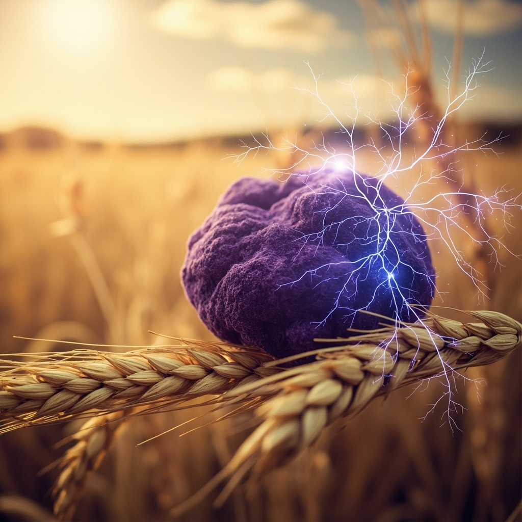Illustrative image of purple ergot fungus on golden rye grains under soft light, with faint glowing nerves overlay symbolizing nervous system balance, in a serene natural style for a health article.