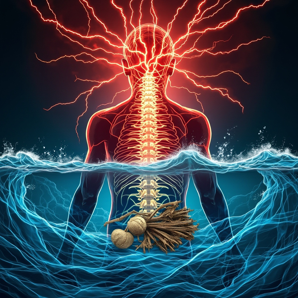 Illustrative image of a human silhouette with glowing red sympathetic nerves along the spine, surrounded by stress symbols like lightning bolts and fading to blue calm waves with herbs like ashwagandha roots.