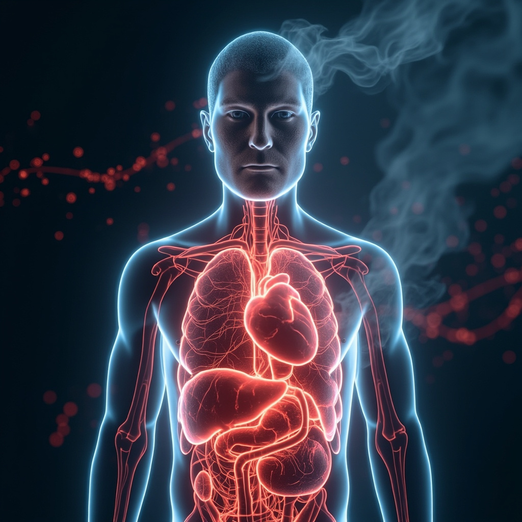 Stylized human torso with subtle glowing inflammation in heart, pancreas, liver; virus particles fading into healing waves; anxious face overlay, soft blues and reds.