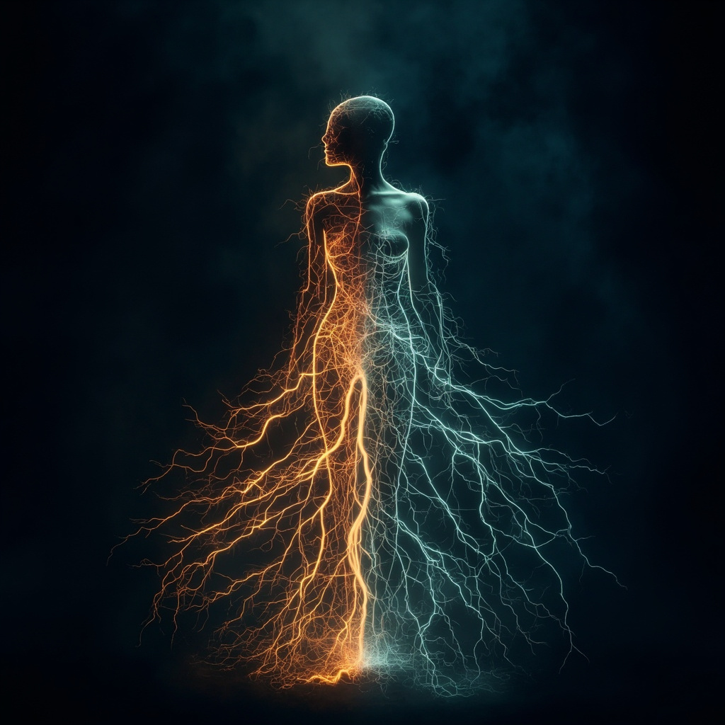 A serene, abstract digital illustration showing glowing, interconnected light pathways within a human silhouette, representing internal electrical harmony and seasonal balance.