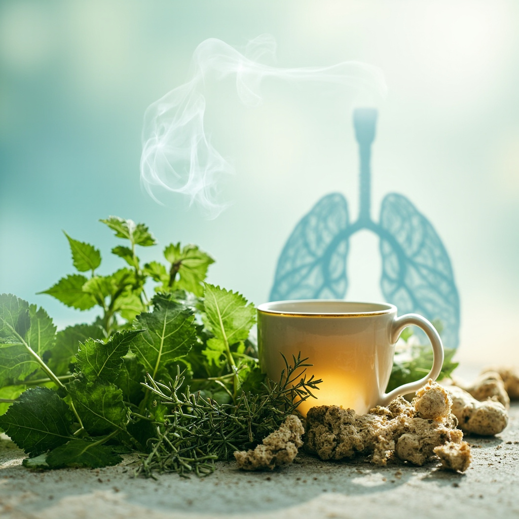 A calming scene of fresh green nettle leaves, thyme sprigs, and marshmallow root beside a steaming cup of herbal tea, with subtle lung silhouette in soft blue tones, evoking respiratory relief.