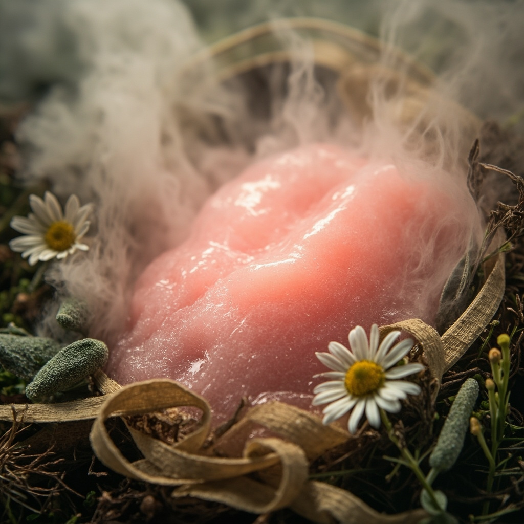 Serene close-up of pink healthy throat mucosa lining glowing softly, surrounded by fresh slippery elm bark, marshmallow roots, sage leaves, chamomile flowers, and thyme sprigs on a misty herbal background, healing and protective theme.