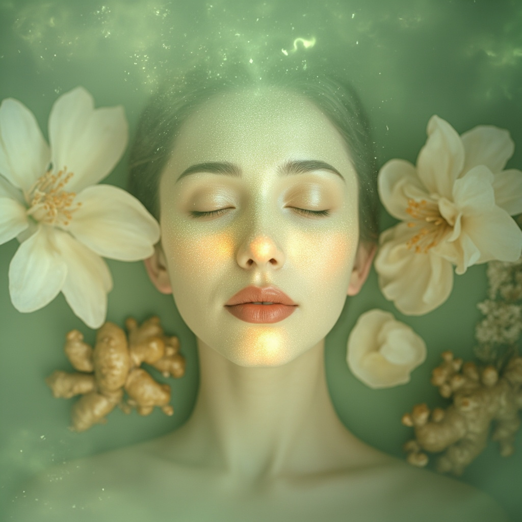 Serene face with glowing clear sinuses, fresh herbs like magnolia flowers and ginger around, subtle sound waves and microcurrent pulses balancing energy flows, soft green tones, healing vibe.