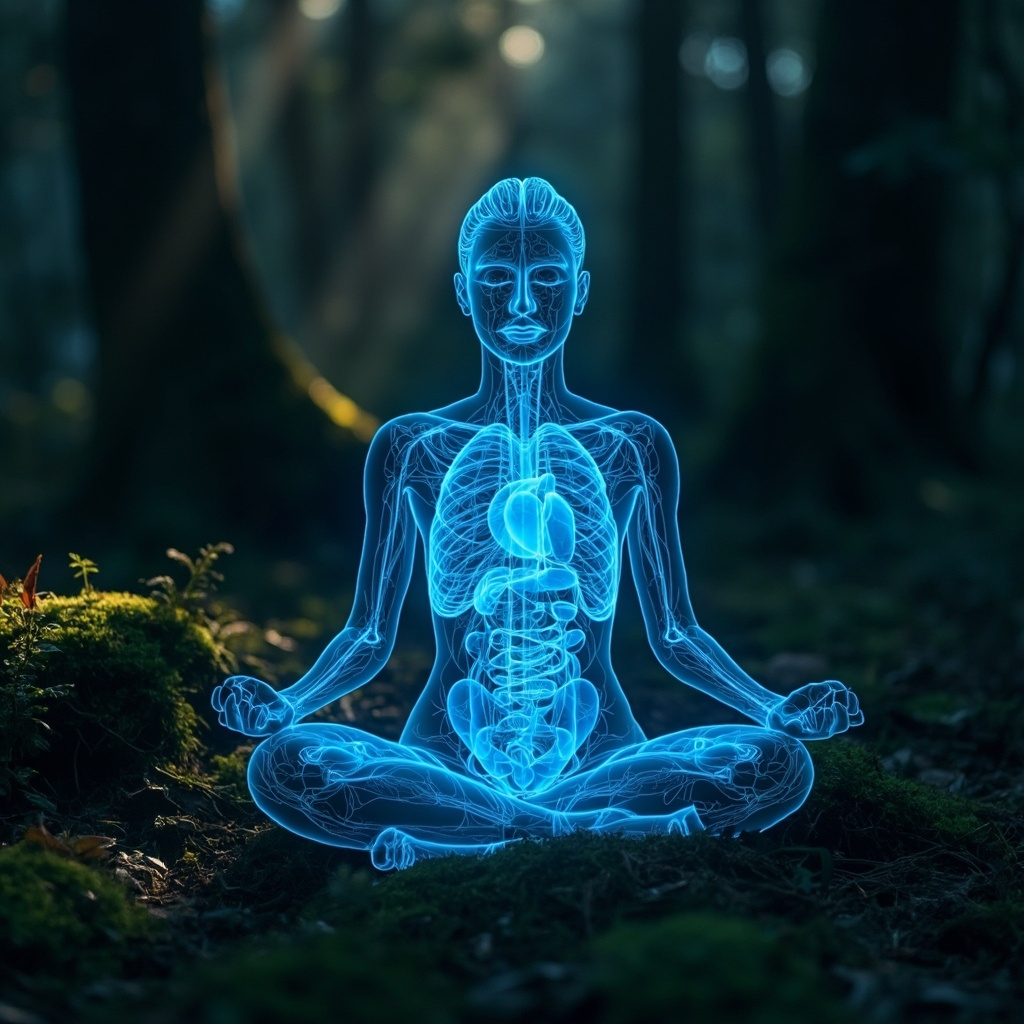 Serene person meditating in nature, glowing blue pathways of parasympathetic nerves activating rest-and-digest functions, soft waves of calming energy around heart, gut, and brain.
