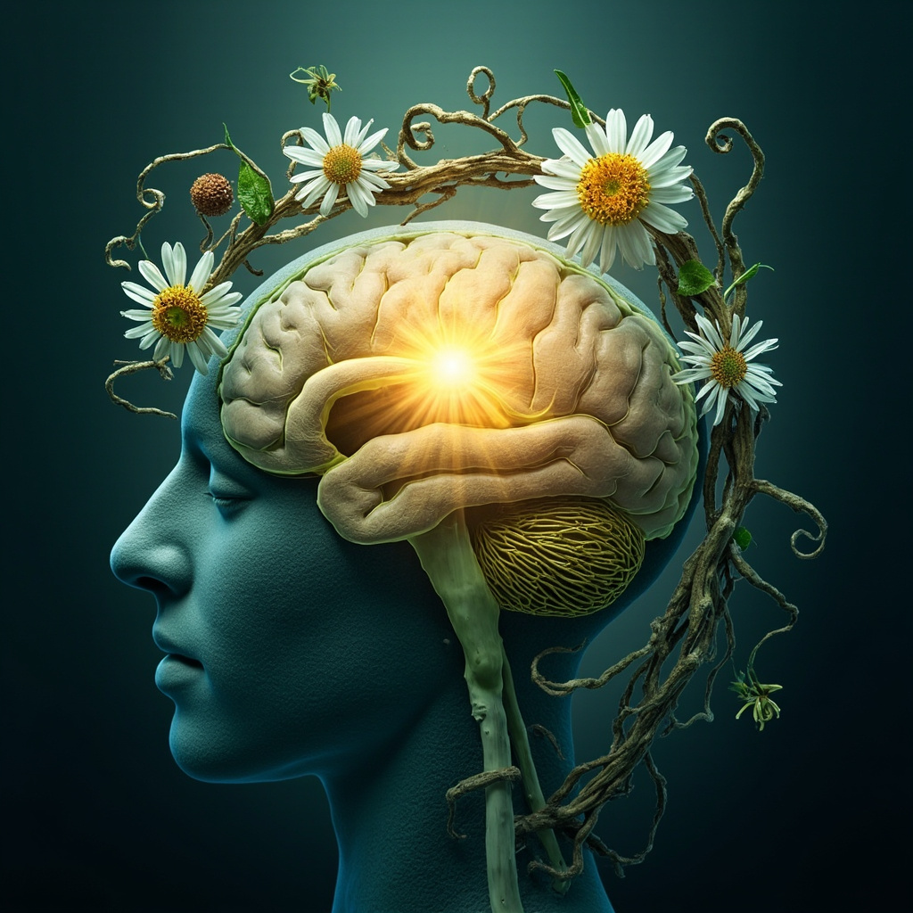 Serene brain cross-section highlighting the thalamus in golden light, surrounded by fresh herbs like ashwagandha roots, chamomile flowers, and passionflower vines, in soft calming blues and greens.