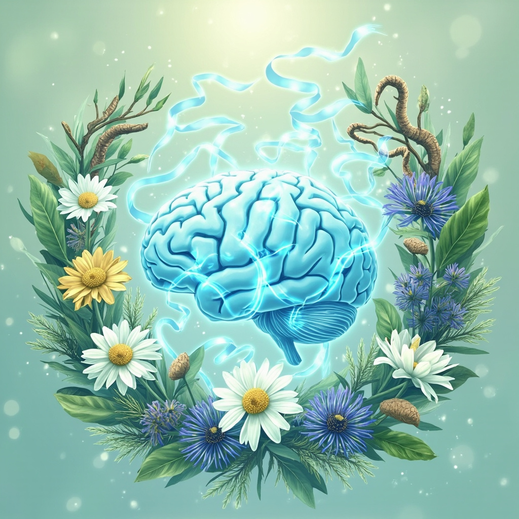 Serene illustration of a glowing brain with flowing blue serotonin waves, encircled by chamomile flowers, ashwagandha roots, passionflower vines, and valerian leaves in soft pastel greens and blues, evoking calm and natural healing.