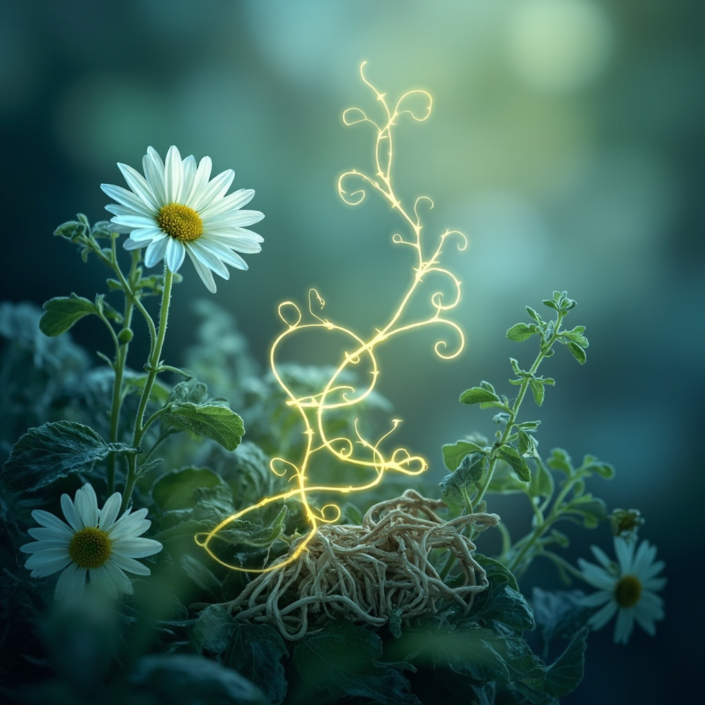Soft illustration of chamomile flowers, valerian roots, and passionflower vines gently cradling glowing nerve pathways in calming blue and green tones, evoking peace and nervous system support.