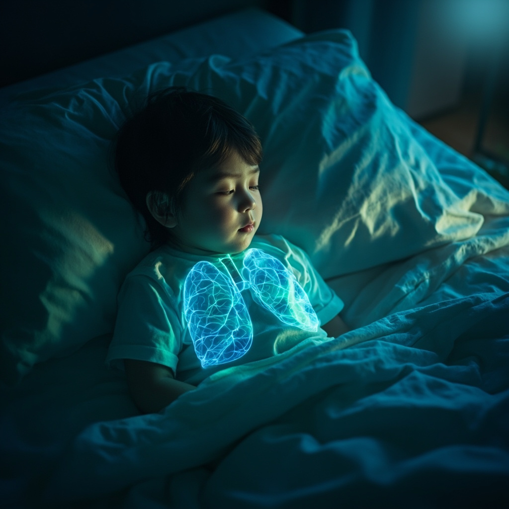 A serene child sleeping peacefully at night, chest rising gently with easy breaths, soft glowing energy waves around lungs and chest, natural bedroom setting, calming blues and greens.