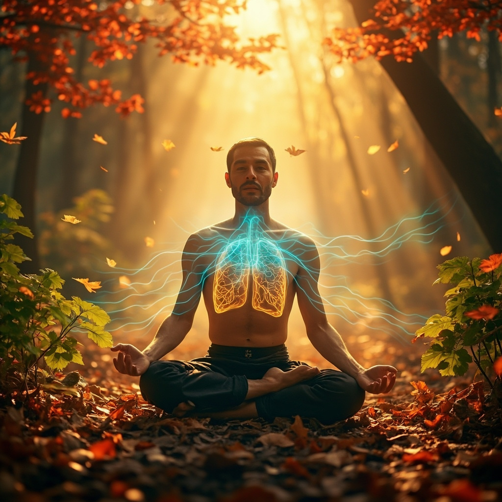 Serene autumn forest scene with a person practicing deep breathing, glowing energy auras around lungs and immune points, surrounded by astragalus roots, ginger plants, and soft frequency waves in gold and blue tones.