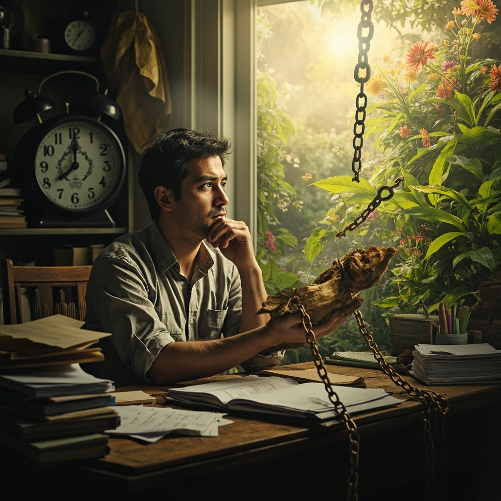 A thoughtful person at a cluttered desk, clock ticking, holding ashwagandha root, breaking chains of procrastination towards a serene herbal garden, realistic style.