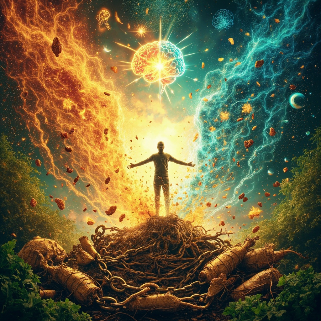 Vibrant illustration of fresh rhodiola, ashwagandha, and ginseng roots glowing with energy waves, a balanced human silhouette breaking procrastination chains, serene background with mind symbols.