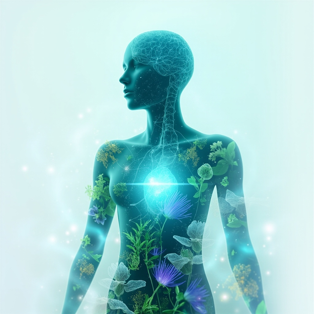 Soft glowing human silhouette with brain and heart highlighted in blue, overlaid by subtle spore-like patterns fading into green herbal leaves like garlic and echinacea, calm energy waves balancing the figure, professional wellness style.