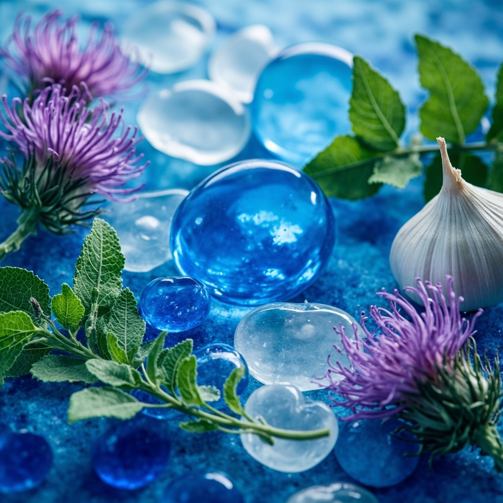Microscopic view of Candida lusitaniae yeast cells in blue tones, overlaid with fresh green oregano leaves, garlic cloves, and milk thistle flowers, soft healing glow, professional health illustration