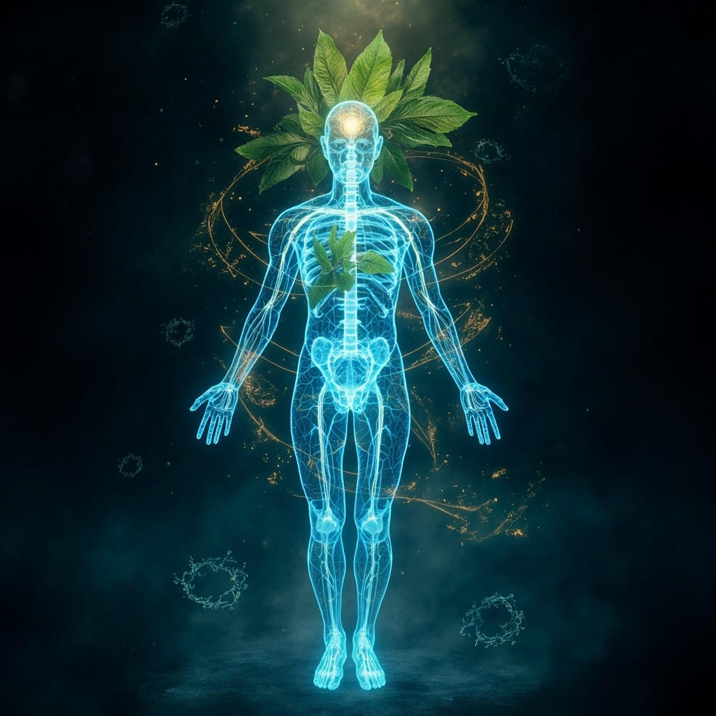 Vibrant digital art of glowing yellow sulfur atoms flowing into a healthy liver, smooth radiant skin on a human silhouette, with subtle blue frequency waves balancing energy fields around the body, professional medical illustration style.