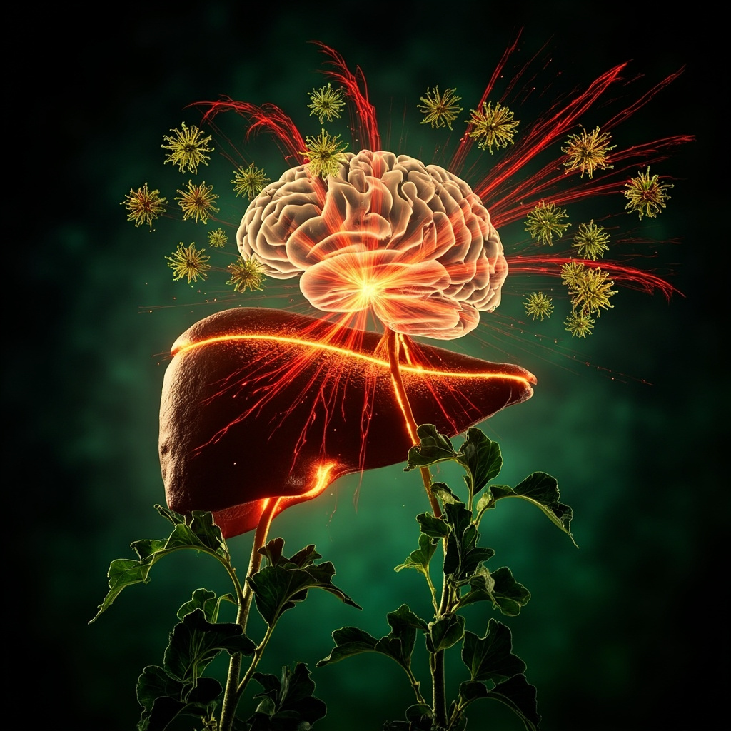 Realistic image of a glowing human liver under attack by colorful mold spores emitting toxic waves, with an overlay of a stressed brain showing anxiety waves, subtle herbal leaves like milk thistle protecting it, in calming green and warning red tones.