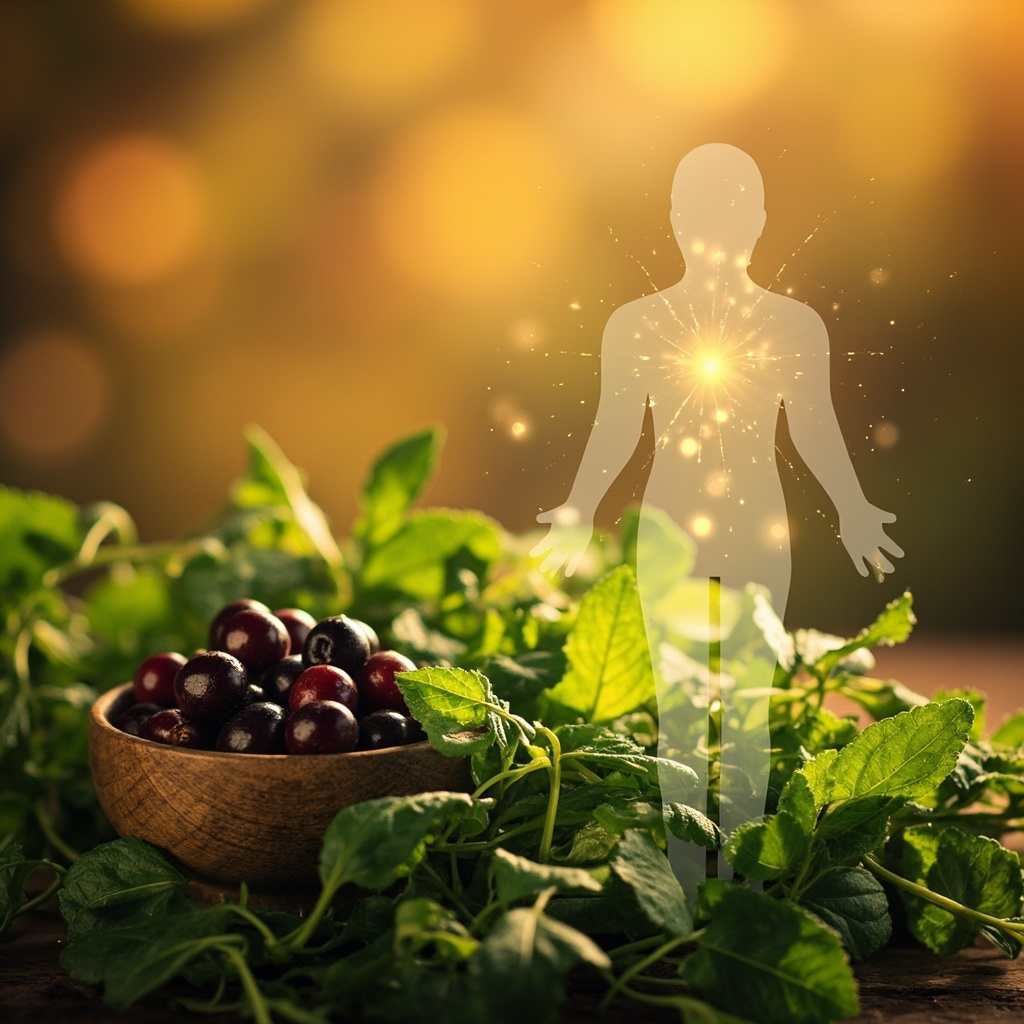 A serene, high-quality image showing a blend of fresh green herbs, a small wooden bowl of elderberries, and a soft, glowing representation of a human silhouette with highlighted energy points along the chest and face, set against a soft autumn background.
