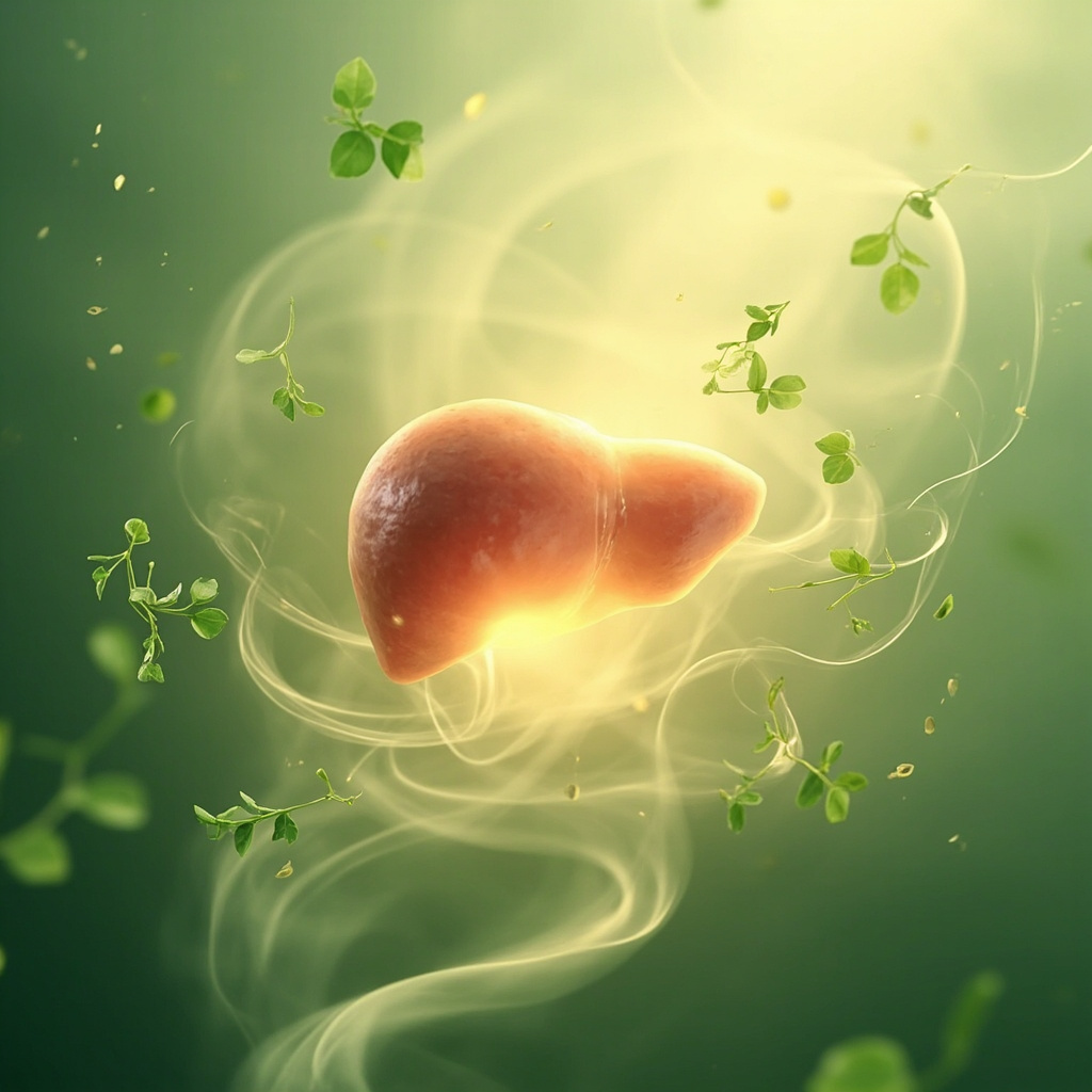 A serene, abstract representation of a balanced, glowing liver surrounded by soft, harmonizing light waves and gentle green botanical silhouettes to represent herbal support.