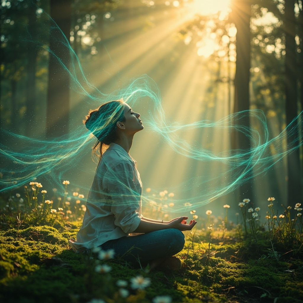 A calming, artistic representation of a person breathing deeply in a serene, nature-inspired setting, with soft light and harmonious energy patterns surrounding them.