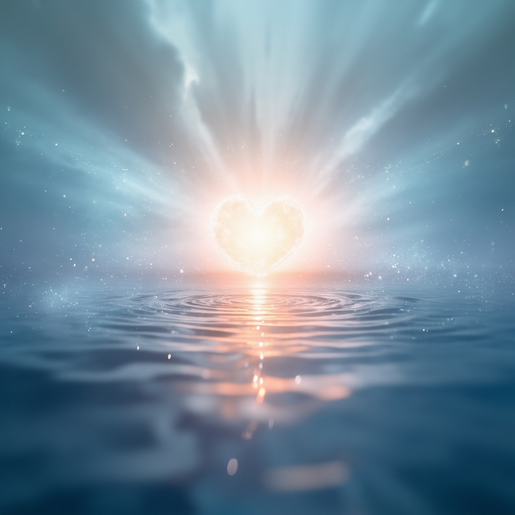 A serene, abstract representation of a glowing heart center emitting soft, rhythmic light waves, symbolizing balance and emotional clarity, digital art style.
