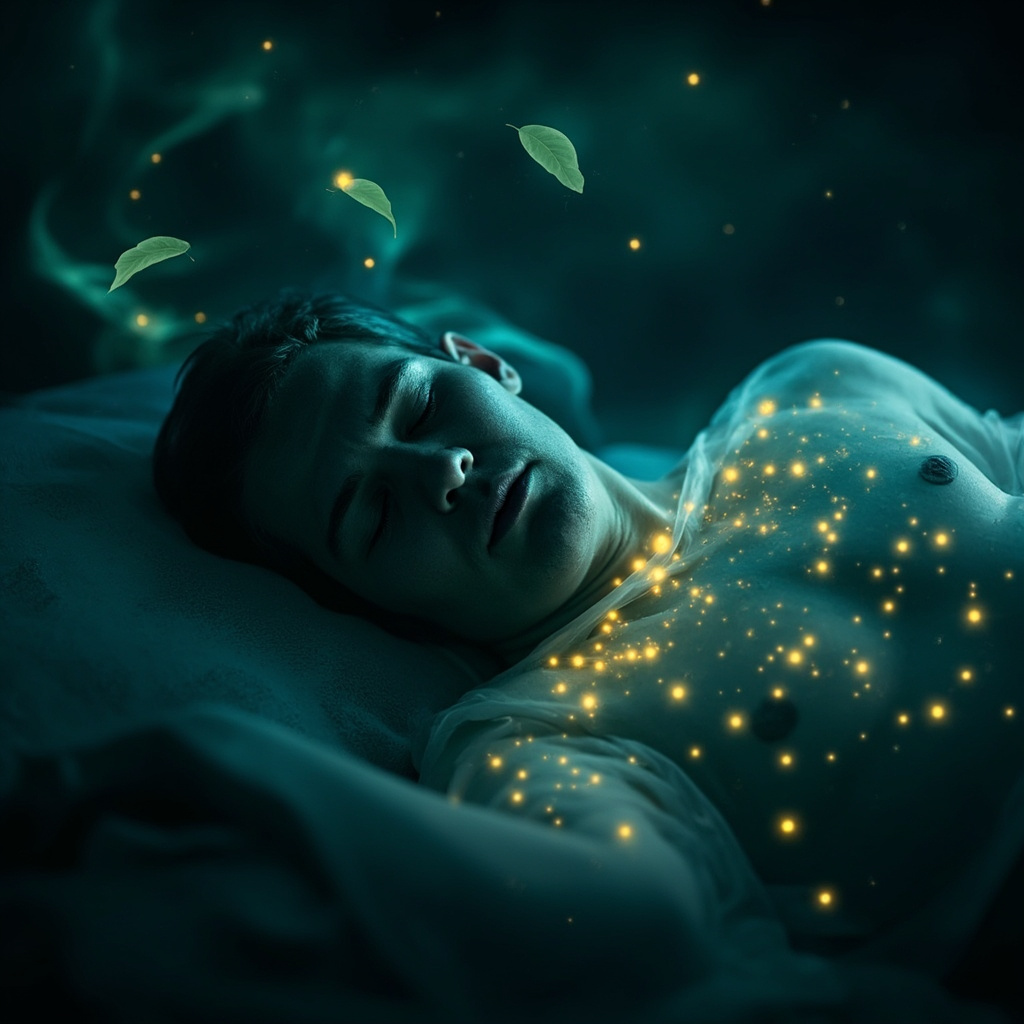 A tired adult in soft lighting, eyes heavy but hopeful, surrounded by glowing acupuncture points on body outline (BL12, ST12, SP3, GV16, PC1), subtle herbal leaves like astragalus, flowing energy waves in blue and green tones representing frequencies and healing.