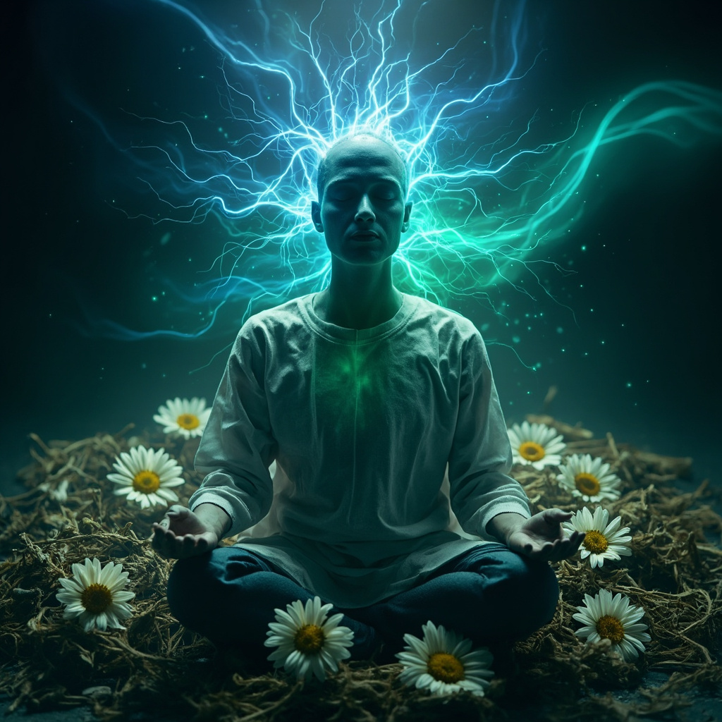 Serene person meditating with glowing brain waves in blue and green tones, surrounded by ashwagandha roots, chamomile flowers, and subtle frequency lines representing emotional balance and herbal healing.
