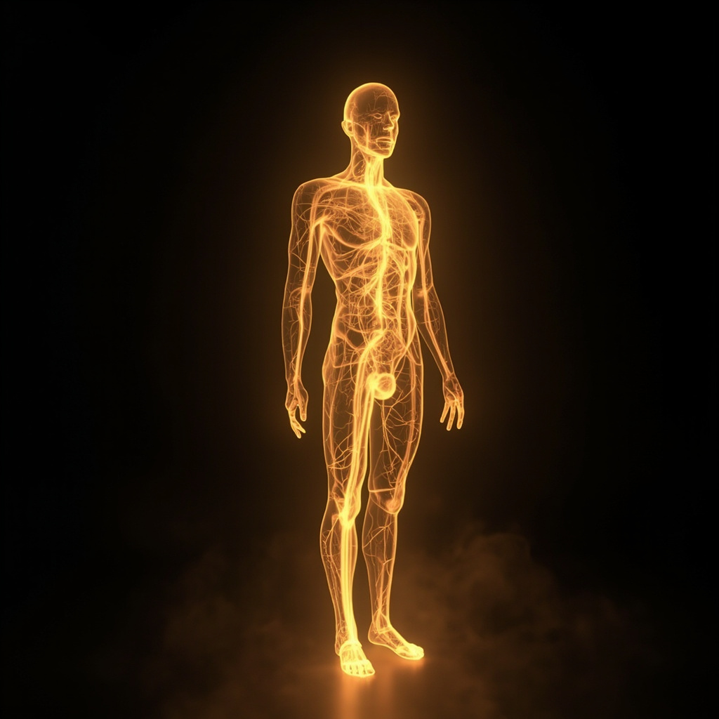 A high-quality, soothing image of a glowing, golden light flowing through a network of soft, abstract pathways in a human silhouette, representing energy and blood circulation.