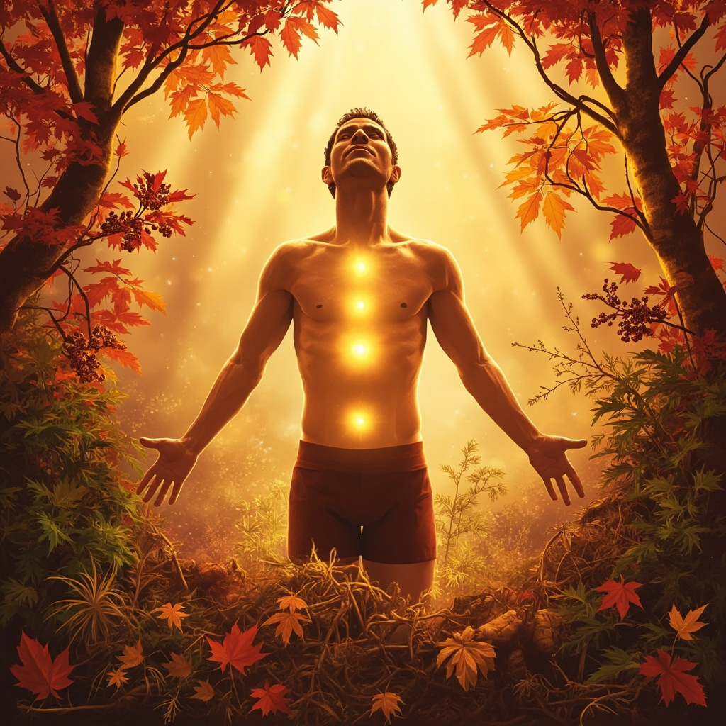 Vibrant autumn forest scene with a energized person breathing deeply, glowing soft lights on abdomen, navel, chest, throat, and mid-back representing energy points, surrounded by elderberry bushes, nettle leaves, and ginger roots, warm colors, professional illustration style.