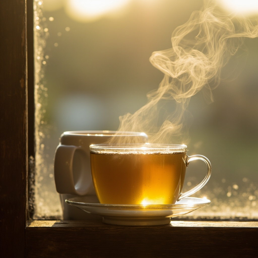 A serene, high-quality photograph of a steaming cup of herbal tea next to a window with soft, morning sunlight, evoking a sense of respiratory relief and calm.
