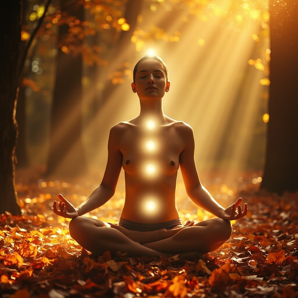 Serene person standing in autumn forest, glowing soft lights on back (BL24), abdomen (ST24, SP15), head (GV22), wrist (PE4), vibrant energy aura, natural healing theme.