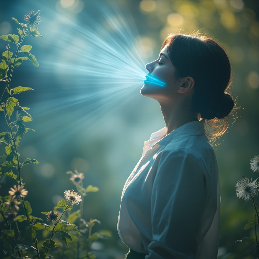 prompt: Serene person in soft light breathing deeply outdoors, glowing blue frequency waves calming throat and lungs, surrounded by subtle thyme, licorice root, and mullein herbs, peaceful healing atmosphere