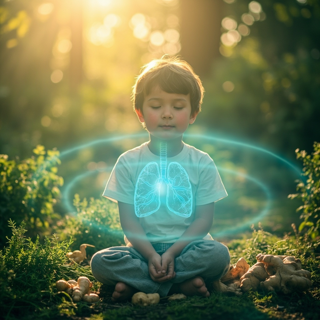 A peaceful child breathing deeply in a sunlit garden, surrounded by fresh thyme, ginger roots, and licorice plants, with soft glowing energy waves around the chest and lungs, calming blues and greens.